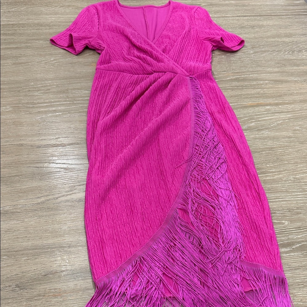 Vibrant Hot Pink Fringe Wrap Midi Dress